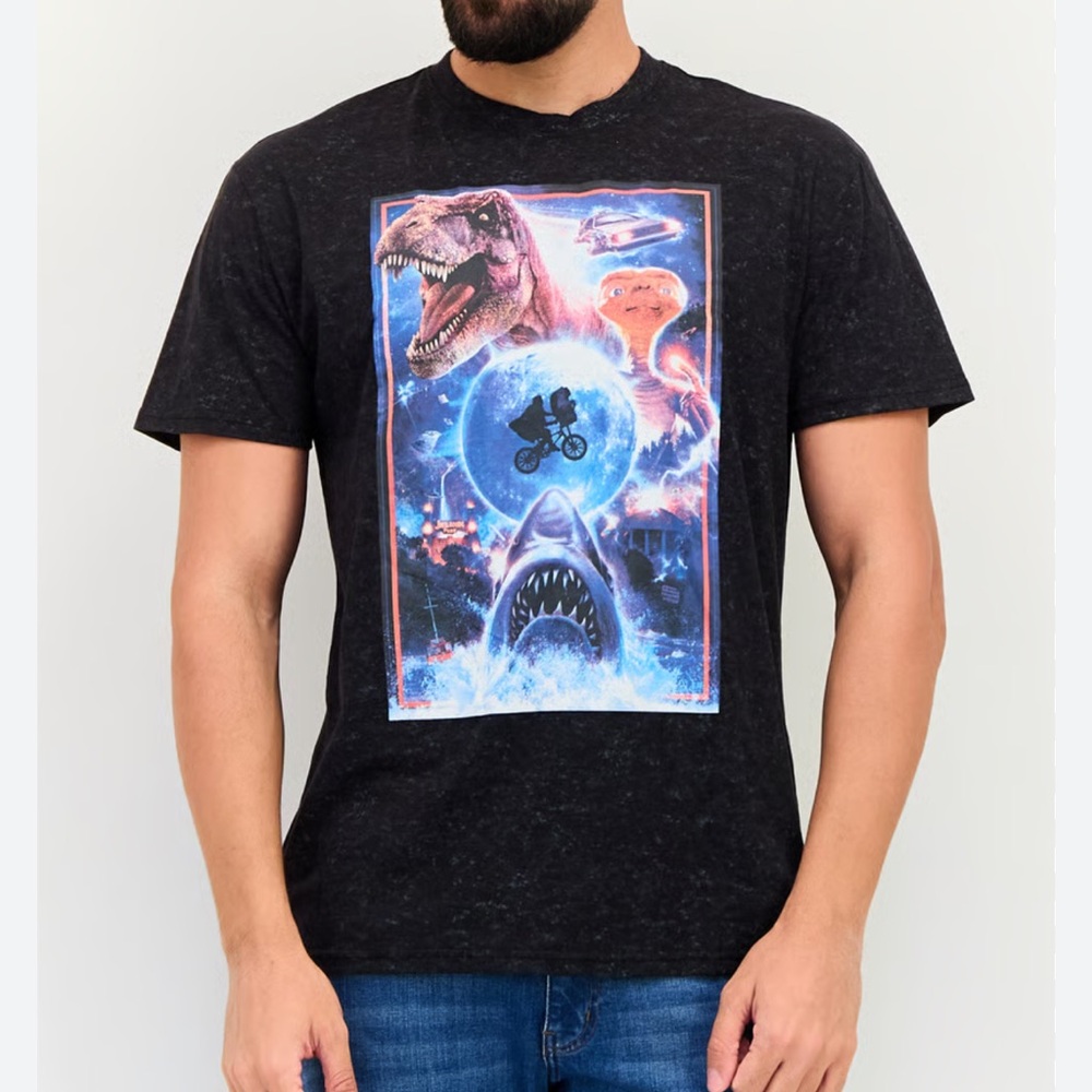 UNIVERSAL STUDIOS METALLIC MOVIE MASHUP TEE B2TF JURASSIC PARK ET JAWS XXL - Picture 1 of 8